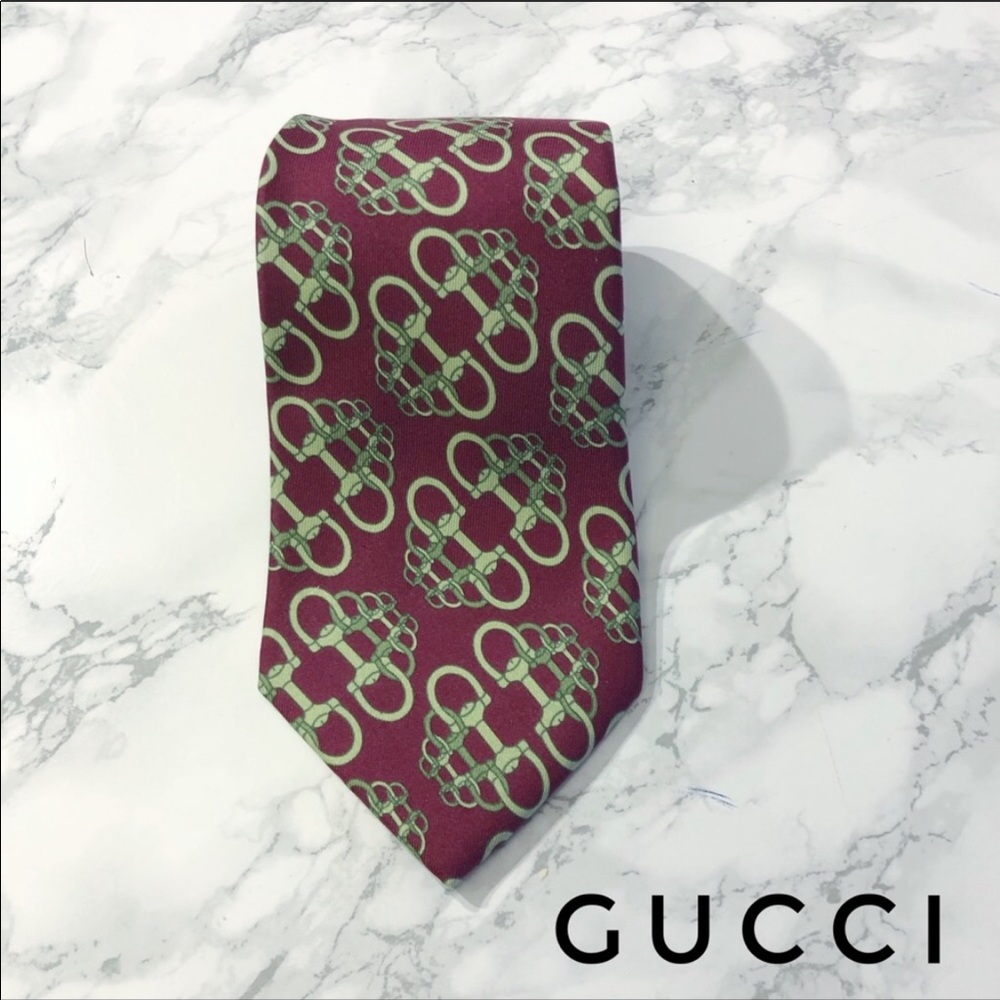 Gucci Red Pale Green Large Horsebit Silk Tie EUC